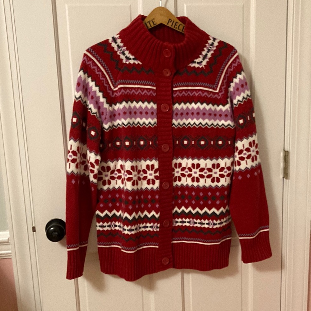 Basic Editions Burgundy Fair Isle Cardigan XL, NWT